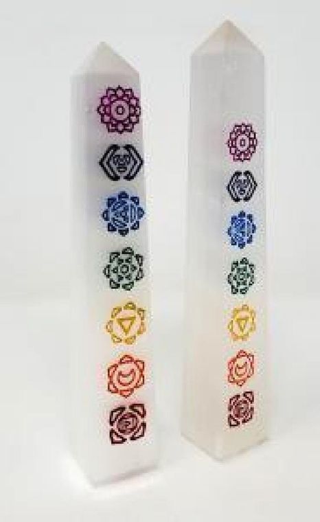 Selenite Obelisk 7 Chakra Energy Wand 6-7" (2 towers)