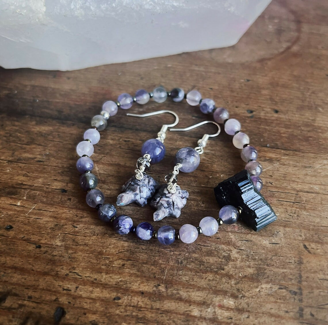 Amethyst Lepidolite Black Tourmaline Smokey Quartz Jewelry Set Gemstone Bracelet Turtle Totem Earrings