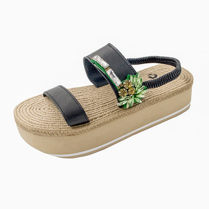 Palm Tree- Green Rhinestone Embellished Womens Vegan Espadrille Platform Sandals